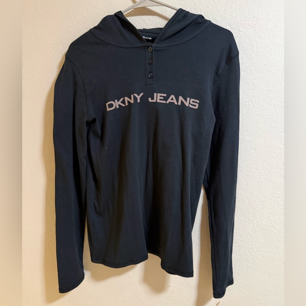 DKNY Jeans Black Logo Hooded Henley Top Size L